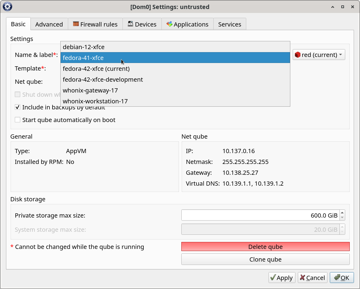 switching to a different template VM